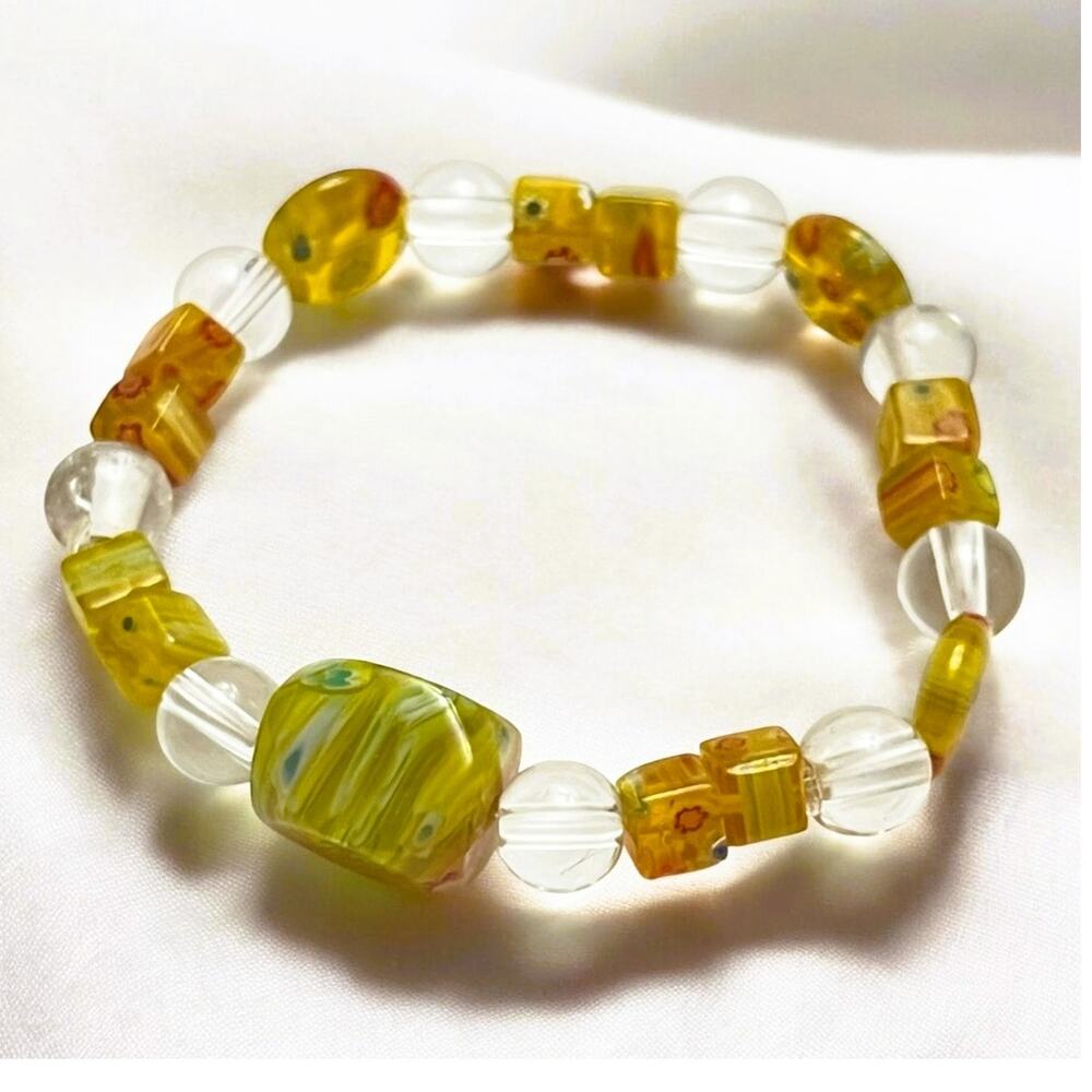 Vintage Murano Glass Millefiori Beads w/Clear Glass Spacers Stretch Bracelet